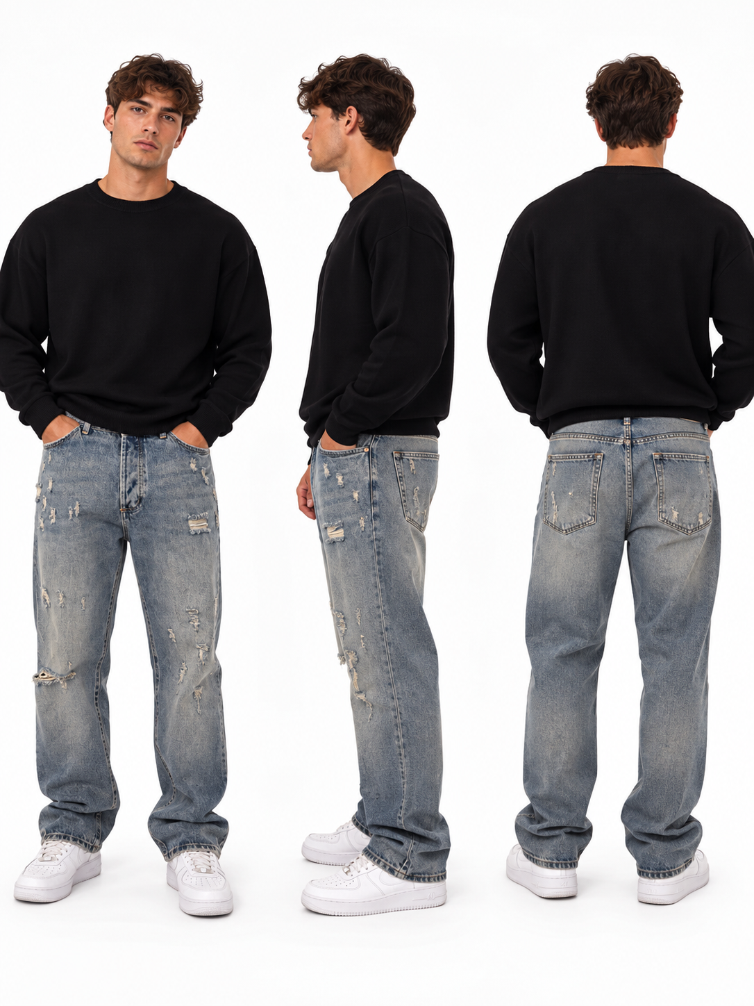 Jeans Uomo Baggy Fit Denim Chiaro con Strappi